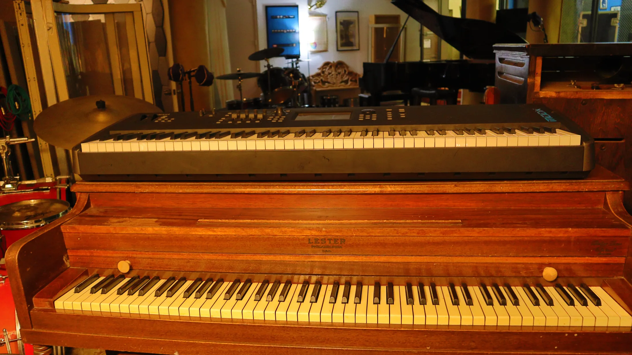 Wooden upright piano in the studio